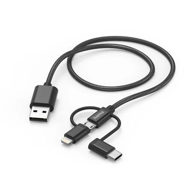 Hama 3-in-1 Oplaadkabel - USB-A naar USB-C / Lightning / Micro USB - MFI gecertificeerd - 150cm - Zwart