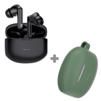 Cazy Draadloze Bluetooth Oordopjes - Oortjes Draadloos - met Noise Cancelling (Zwart) + Siliconen Hoesje (Groen)