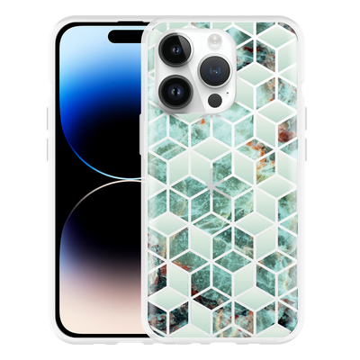 Cazy Hoesje geschikt voor iPhone 14 Pro - Groen Hexagon Marmer