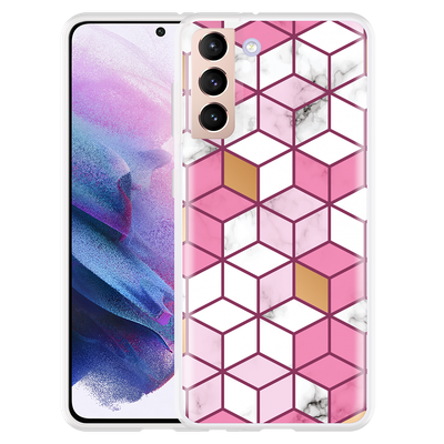 Cazy Hoesje geschikt voor Samsung Galaxy S21 - Pink White Marble