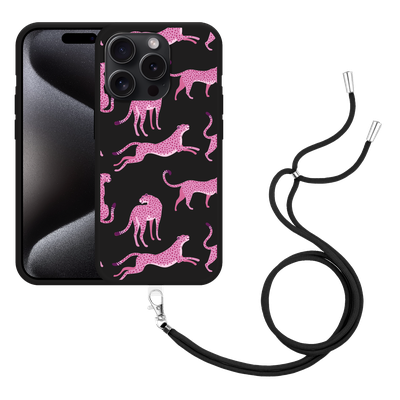 Cazy Hoesje met koord Zwart geschikt voor iPhone 15 Pro Roze Cheeta's