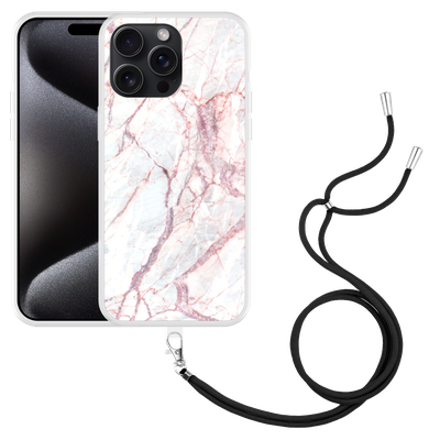 Cazy Hoesje met koord geschikt voor iPhone 15 Pro Max White Pink Marble