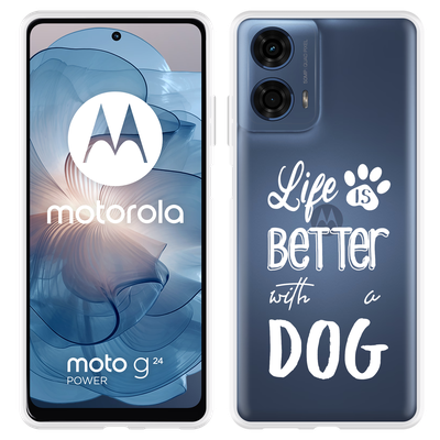 Cazy Hoesje geschikt voor Motorola Moto G04/G04s/G24/G24 Power Life Is Better With a Dog Wit