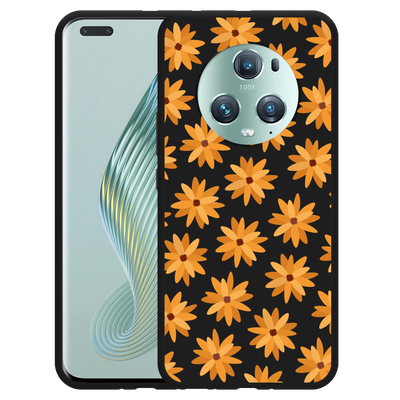 Cazy Hoesje Zwart geschikt voor Honor Magic5 Pro Oranje Bloemen