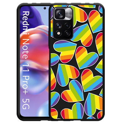 Cazy Hoesje Zwart geschikt voor Xiaomi Redmi Note 11 Pro+ - Regenboog Hartjes