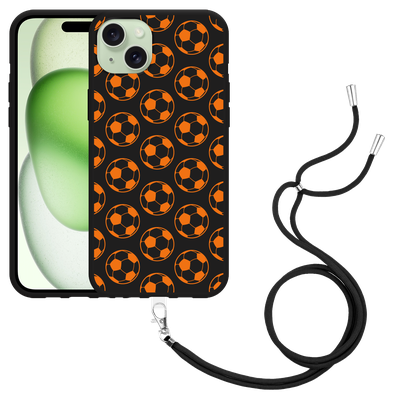 Cazy Hoesje met koord Zwart geschikt voor iPhone 15 Plus Orange Soccer Balls