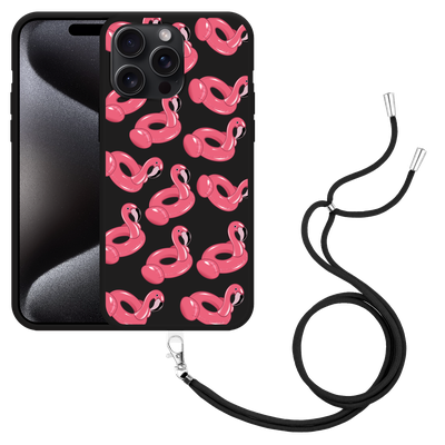 Cazy Hoesje met koord Zwart geschikt voor iPhone 15 Pro Max Inflatable Flamingos