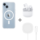 Soft TPU Hoesje met Magnetische Ring geschikt voor iPhone 14 - Transparant + 2 in 1 Magnetische Draadloze Charger Pad 15W - Wit + Draadloze Oordopjes met Active Noise Cancelling - Wit (met oplaadcase)