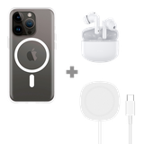 Soft TPU Hoesje met Magnetische Ring geschikt voor iPhone 14 Pro - Transparant + 2 in 1 Magnetische Draadloze Charger Pad 15W - Wit + Draadloze Oordopjes met Active Noise Cancelling - Wit (met oplaadcase)