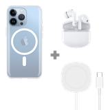 Soft TPU Hoesje met Magnetische Ring geschikt voor iPhone 13 Pro - Transparant + 2 in 1 Magnetische Draadloze Charger Pad 15W - Wit + Draadloze Oordopjes met Active Noise Cancelling - Wit (met oplaadcase)