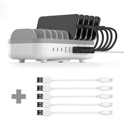 Cazy 120W Smart Charging Docking Station met 10 poorten - USB / USB-C + 3x USB naar Lightning Kabel - MFI gecertificeerd - 20cm + 2x USB-A naar USB-C Kabel - 20cm - Wit