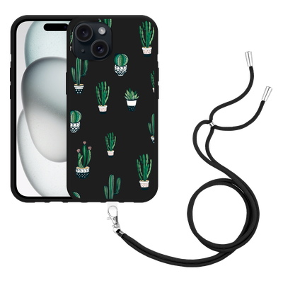 Cazy Hoesje met koord Zwart geschikt voor iPhone 15 Green Cactus