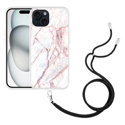 Cazy Hoesje met koord geschikt voor iPhone 15 White Pink Marble