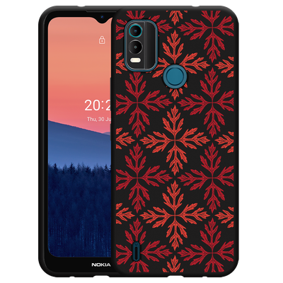 Cazy Hoesje Zwart geschikt voor Nokia C21 Plus - Red Leaves Pattern