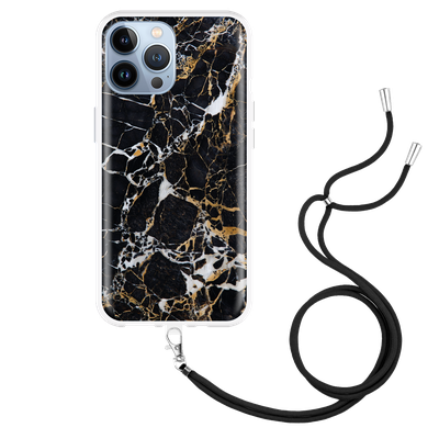 Cazy Hoesje met Koord geschikt voor iPhone 13 Pro Max - Zwart Goud Marmer