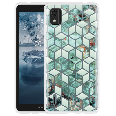 Cazy Hoesje geschikt voor Nokia C2 2nd Edition - Groen Hexagon Marmer