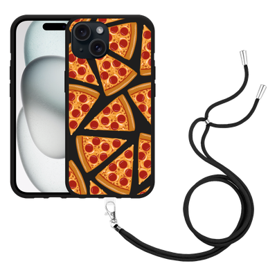 Cazy Hoesje met koord Zwart geschikt voor iPhone 15 Pizza Party