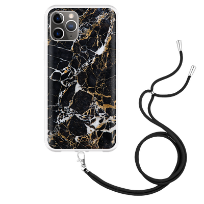 Cazy Hoesje met Koord geschikt voor iPhone 11 Pro - Zwart Goud Marmer