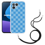 Hoesje met koord Zwart geschikt voor Fairphone 5 Blauw Dambordpatroon