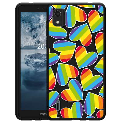 Cazy Hoesje Zwart geschikt voor Nokia C2 2nd Edition - Regenboog Hartjes