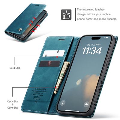 Caseme Hoesje geschikt voor iPhone 16 - Retro Wallet Case - Blauw