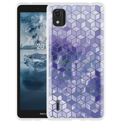 Cazy Hoesje geschikt voor Nokia C2 2nd Edition - Paars Hexagon Marmer