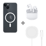 Soft TPU Hoesje met Magnetische Ring geschikt voor iPhone 14 Plus - Transparant + 2 in 1 Magnetische Draadloze Charger Pad 15W - Wit + Draadloze Oordopjes met Active Noise Cancelling - Wit (met oplaadcase)