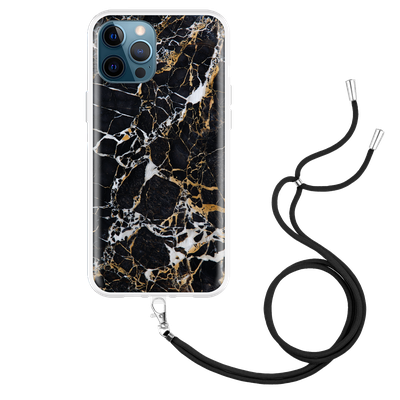 Cazy Hoesje met Koord geschikt voor iPhone 12 Pro Max - Zwart Goud Marmer