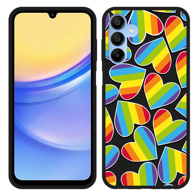 Cazy Hoesje Zwart geschikt voor Samsung Galaxy A15 4G/5G Regenboog Hartjes