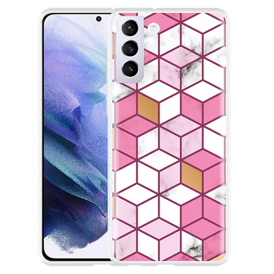 Cazy Hoesje geschikt voor Samsung Galaxy S21 Plus - Pink White Marble