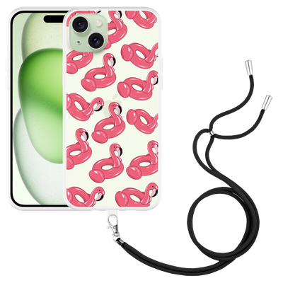 Cazy Hoesje met koord geschikt voor iPhone 15 Plus Inflatable Flamingos