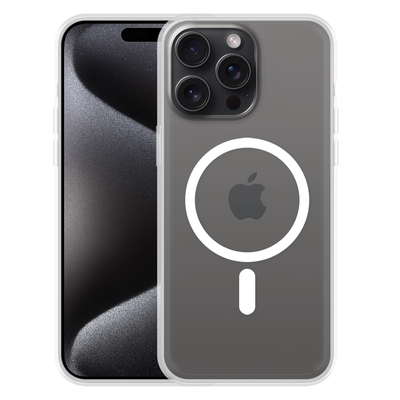 Cazy Soft TPU Hoesje met Magnetische Ring geschikt voor iPhone 15 Pro Max - Transparant + 2 in 1 Magnetische Draadloze Charger Pad 15W - Wit + Draadloze Oordopjes met Active Noise Cancelling - Wit (met oplaadcase)
