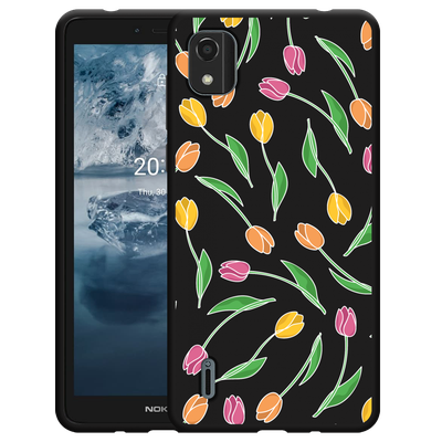 Cazy Hoesje Zwart geschikt voor Nokia C2 2nd Edition - Tulpen